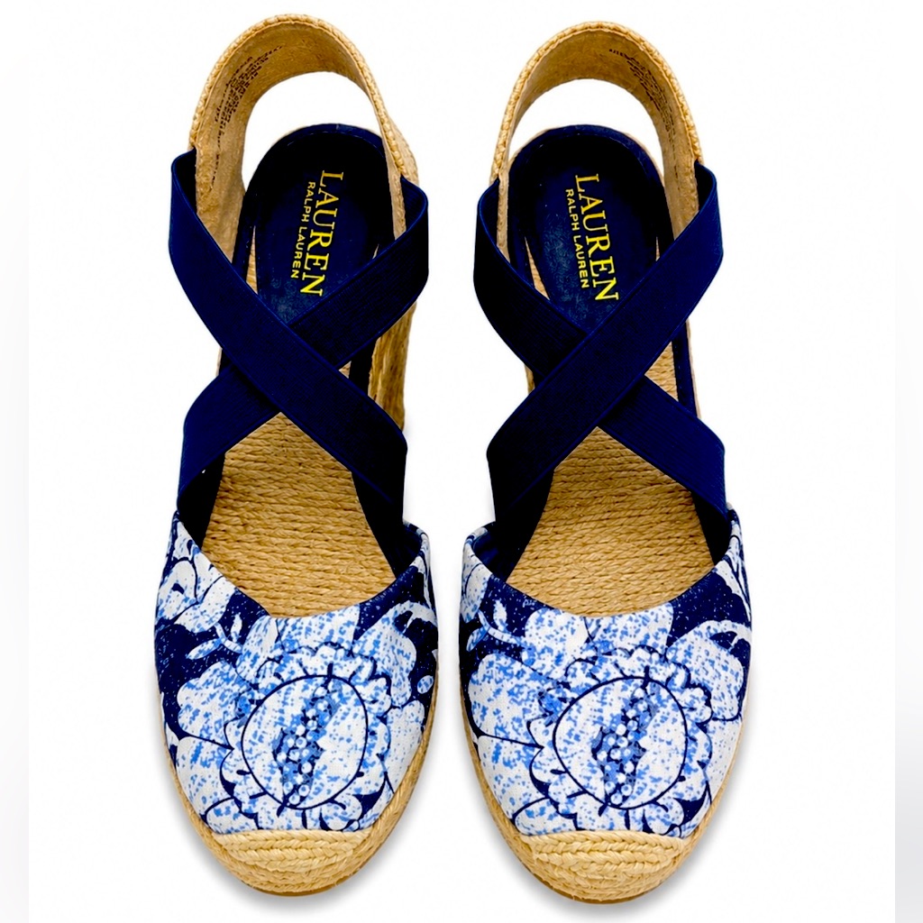 Lauren Ralph Lauren Navy Floral Espadrille Wedge Sandals, Size 8
